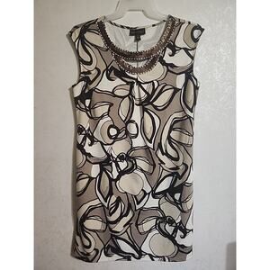 Dana Buchman Dress Sleeveless Sheath sz 12 Brown Geometric Knee Length Midi